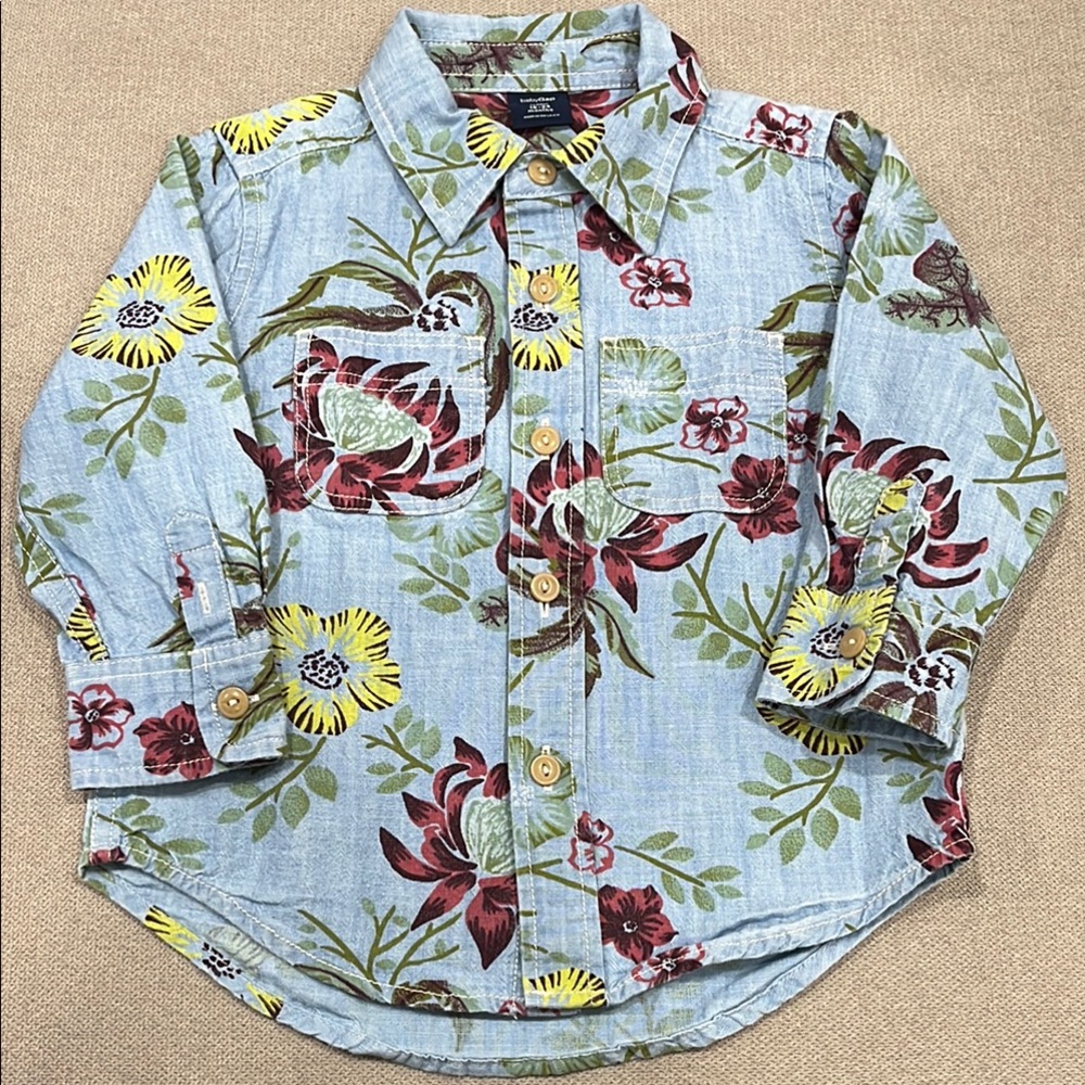 Blue and Yellow Floral Button Down Shirt with Long Sleeves